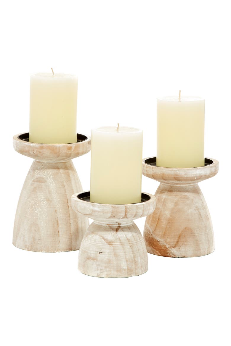 Brown Wood Pillar Candle Holder with Whitewash Finish - Set of 3, Alternate, color, BROWN