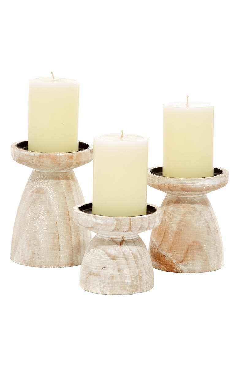 GINGER BIRCH STUDIO Brown Wood Pillar Candle Holder with Whitewash Finish - Set of 3, Alternate, color,