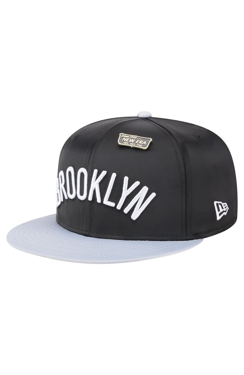 New Era Men's New Era Black/Gray Brooklyn Nets Throwback Satin Vintage Pin Two-Tone 59FIFTY Fitted Hat, Alternate, color, Black