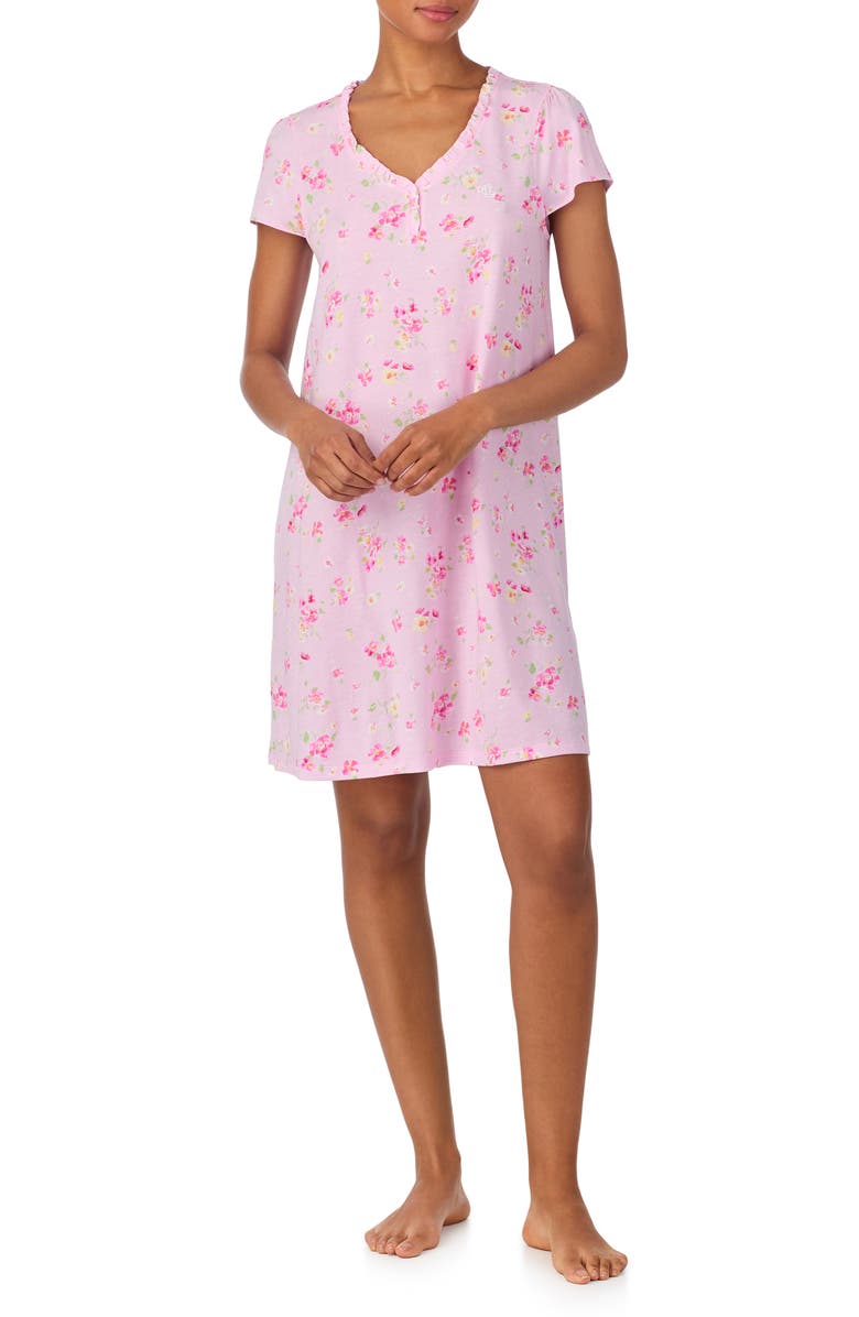 Lauren Ralph Lauren Short Sleeve Ruffle V-Neck Nightgown, Main, color, Pink Floral