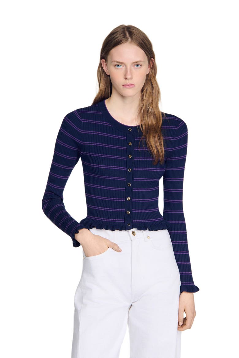 Striped knit cardigan, Alternate, color, Navy / purple