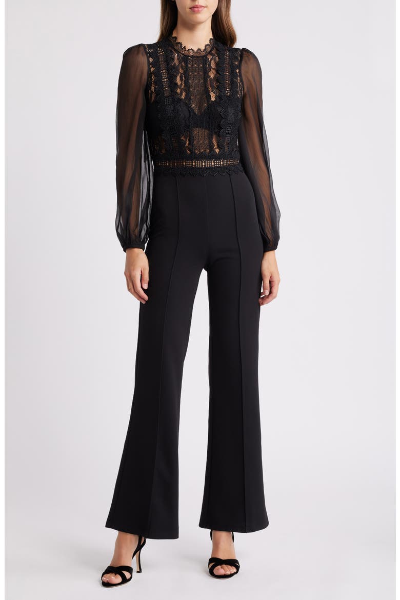 Lace Bodice Long Sleeve Jumpsuit, Main, color, BLACK