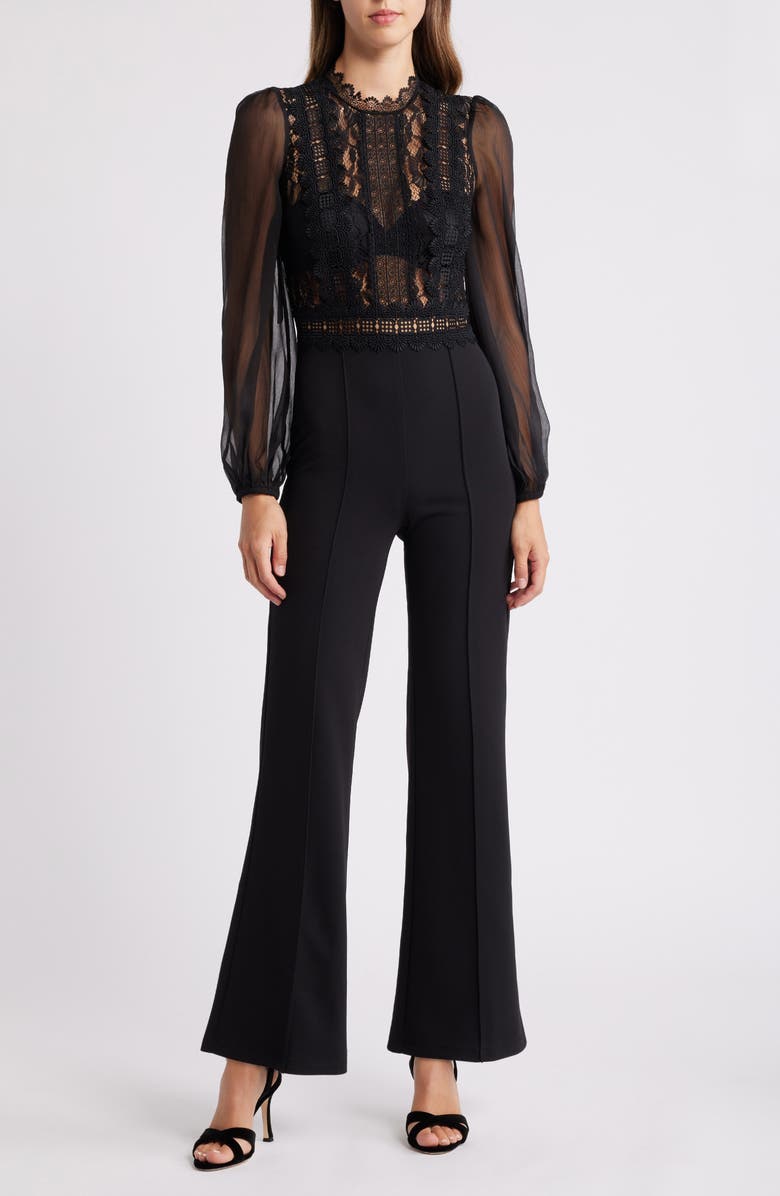 bebe Lace Bodice Long Sleeve Jumpsuit, Main, color,