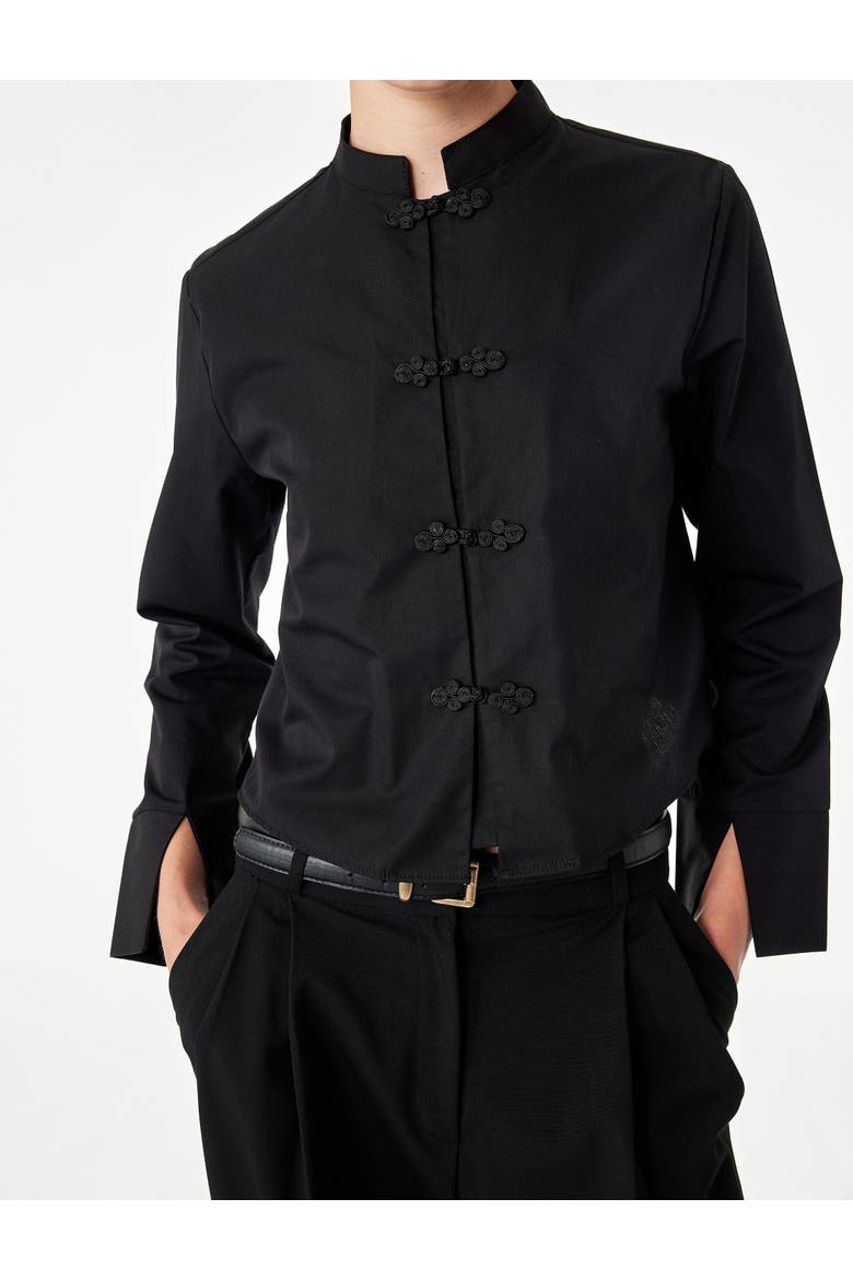 Mandarin Collar Long Sleeve Poplin Shirt With Frog Closure, Alternate, color, BLACK