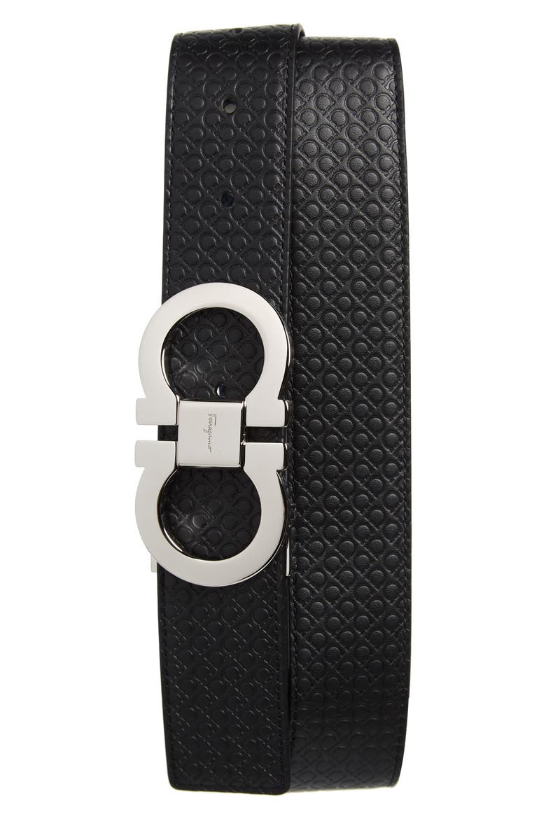 Salvatore Ferragamo Gancini Embossed Reversible Leather Belt, Main, color, BLACK/ NAVY