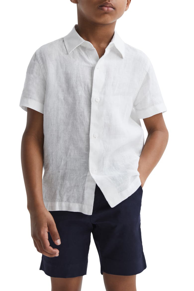 Kids' Holiday Jr. Short Sleeve Linen Button-Up Shirt, Alternate, color, WHITE