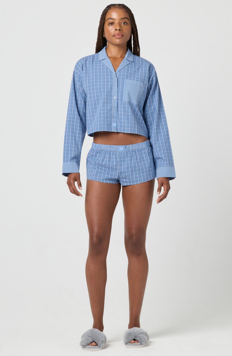 Florence by Mills Micro Plaid Crop Stretch Cotton Button-Up Shirt, Alternate, color, Vintage Blue Plaid