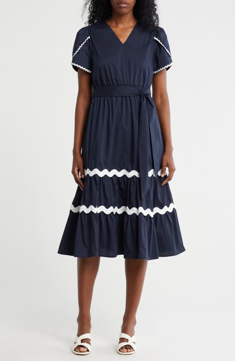 Wavy Lace Trim Tie Waist Midi Dress