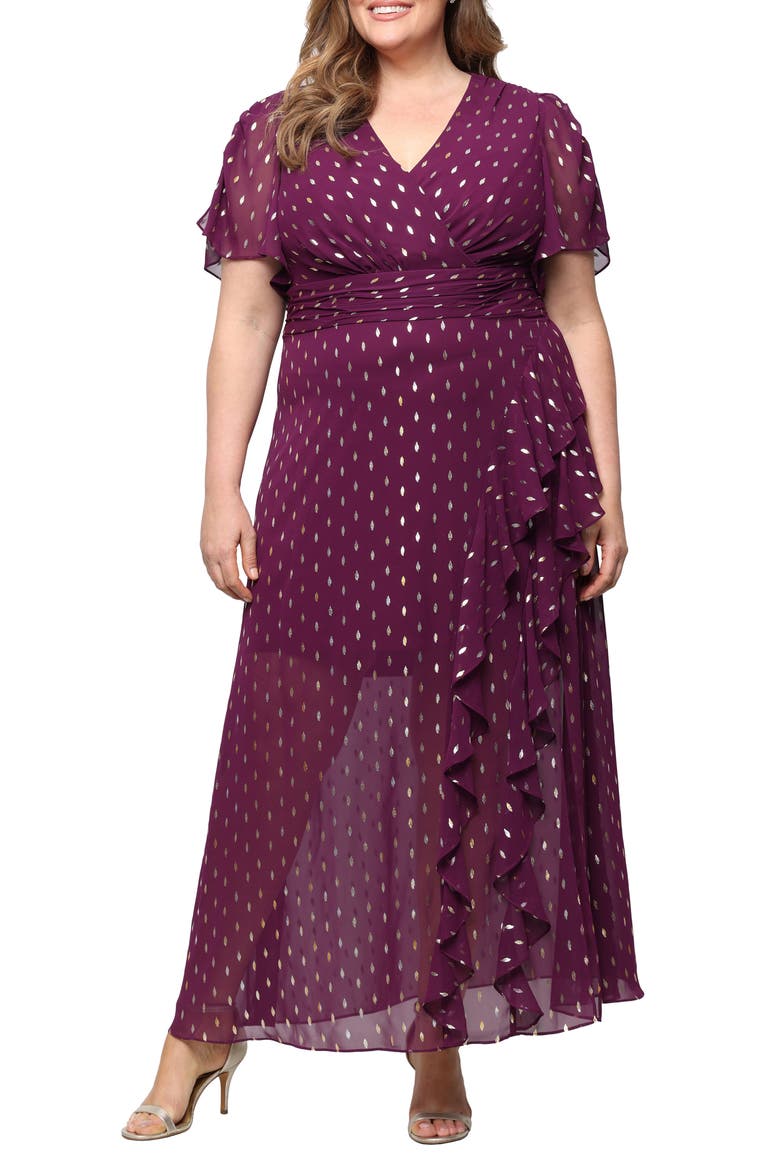Flutter Sleeve Fil Coupé Maxi Dress, Main, color, ITALIAN PLUM