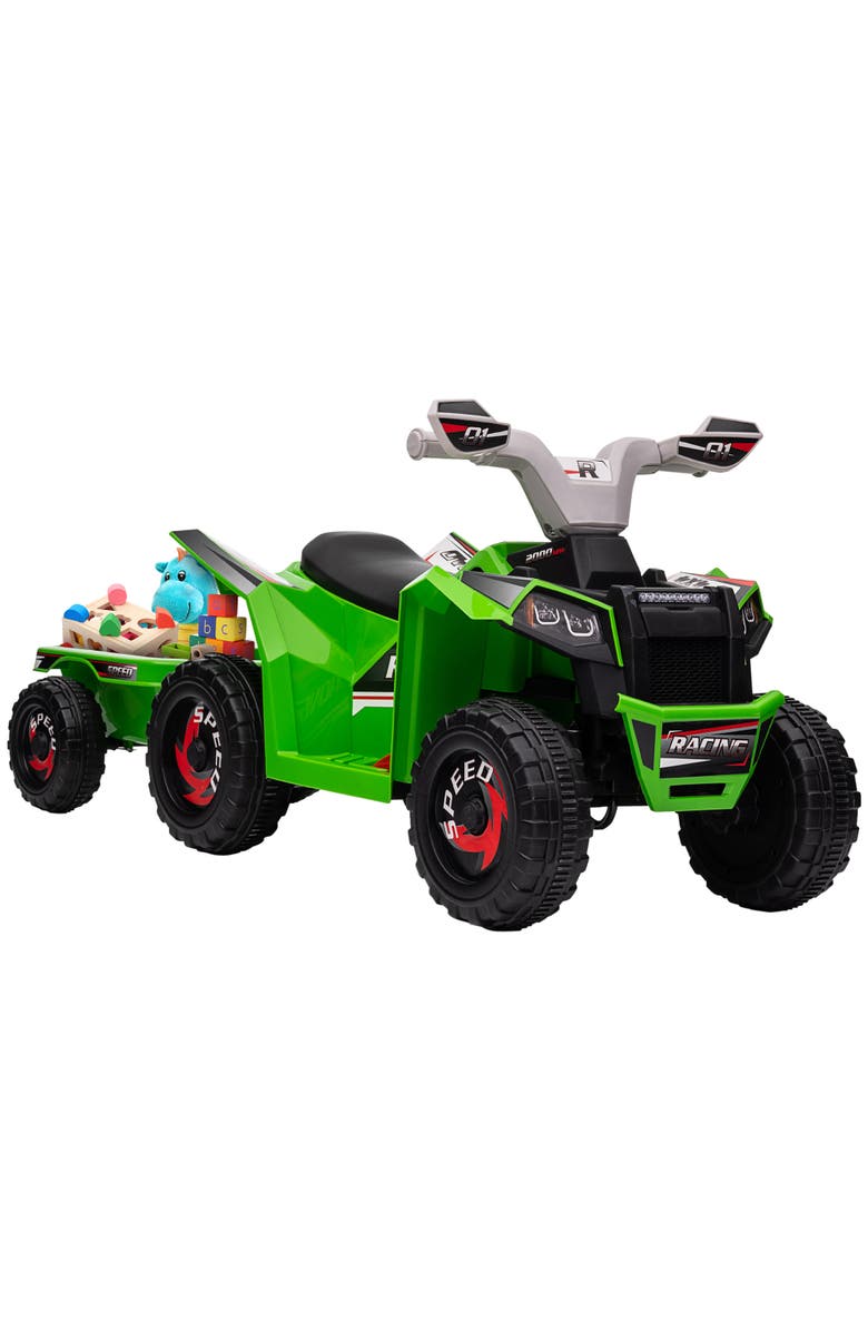 Aosom 6V Kids ATV Quad with Back Trailer, Forward/Backward Function, Main, color, Green