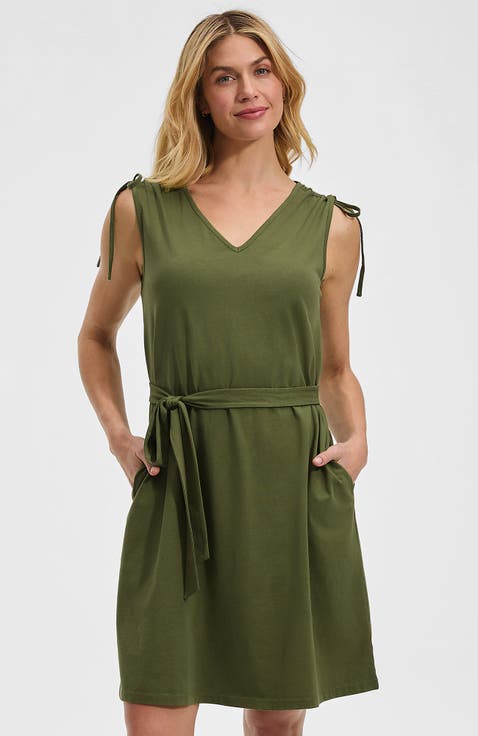 Cotton Jersey Shoulder Tie Belted Mini Dress