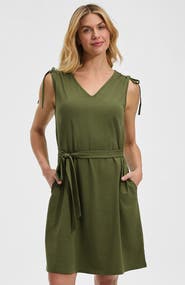 Lands' End Cotton Jersey Shoulder Tie Belted Mini Dress