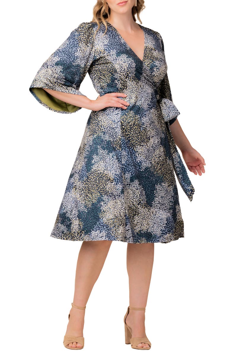 Kiyonna Gemini Floral Bell Sleeve Wrap Dress, Main, color, Blue Multi