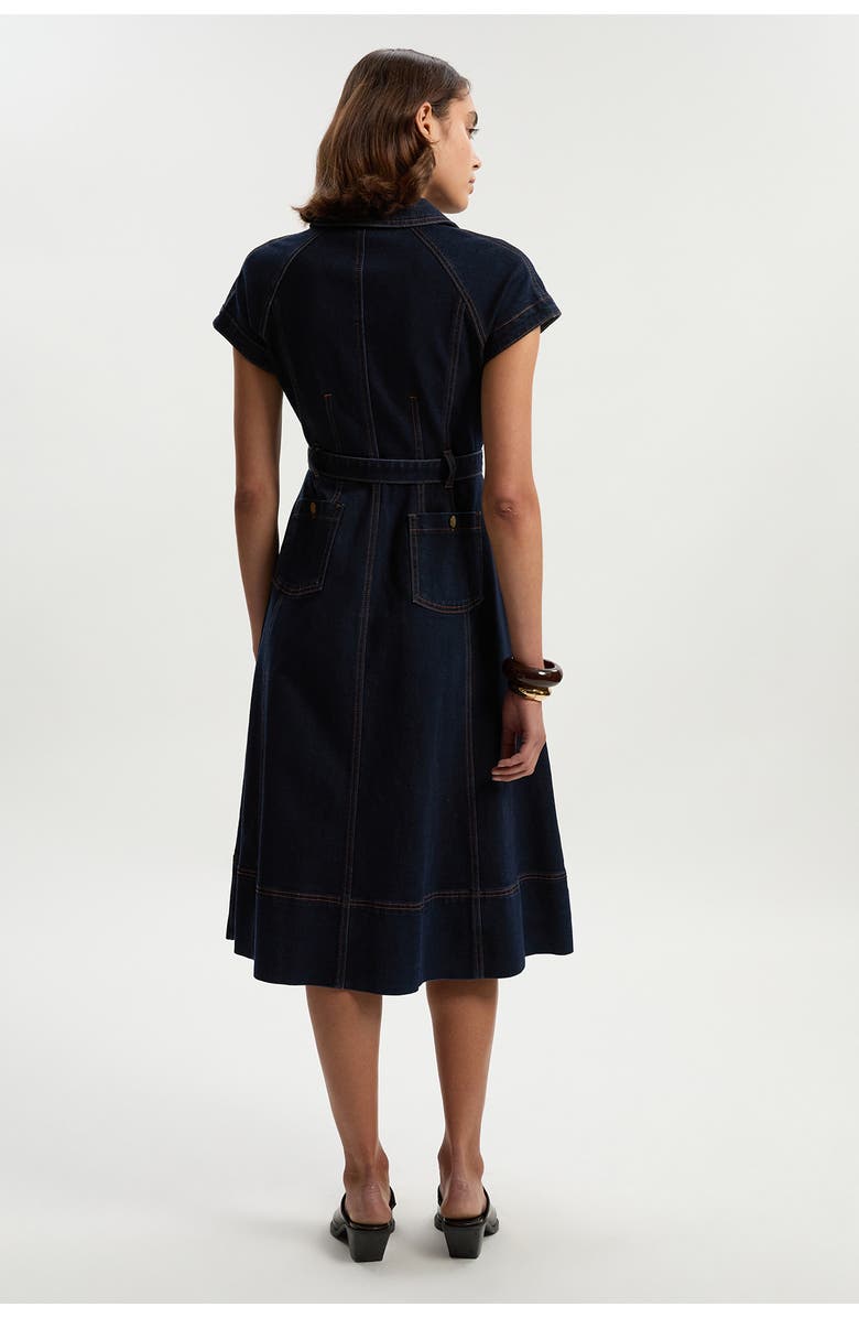 Karen Millen Button Up Belted Denim Midi Dress, Alternate, color, Dark Blue