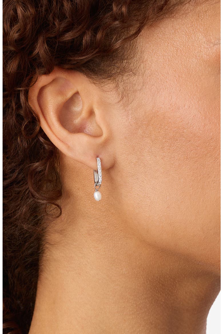 Cubic Zirconia & Faux Pearl Drop Hoop Earrings, Alternate, color, SILVER