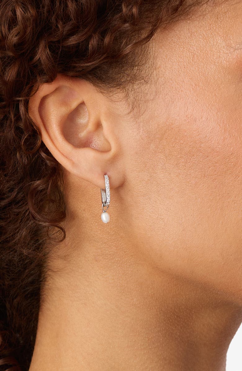 ATHRA LUXE Cubic Zirconia & Faux Pearl Drop Hoop Earrings, Alternate, color, Silver