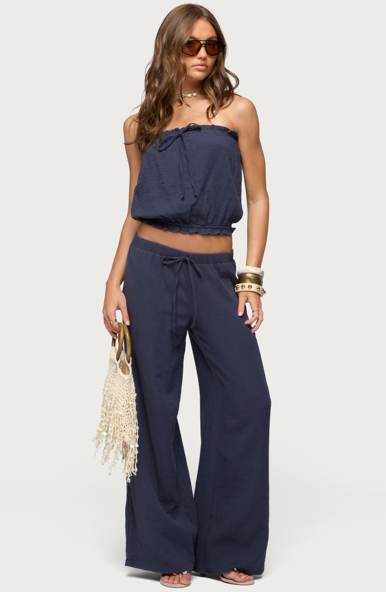 EDIKTED Viktoria Cotton Crinkle Gauze Wide Leg Drawstring Pants, Alternate, color, Navy