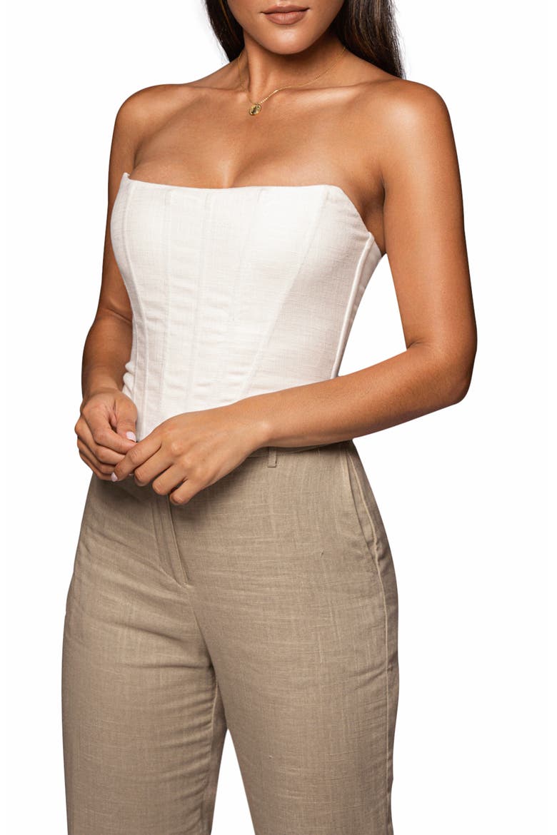 Fenix Strapless Cotton & Linen Corset Top, Alternate, color, WHITE