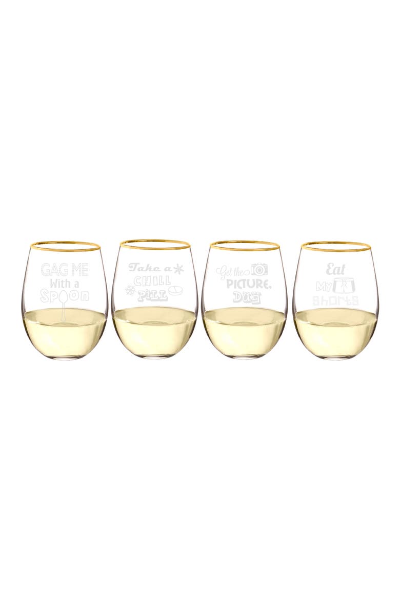 90's Sayings Set of 4 Etched Stemless Wine Glasses, Alternate, color, GOLD