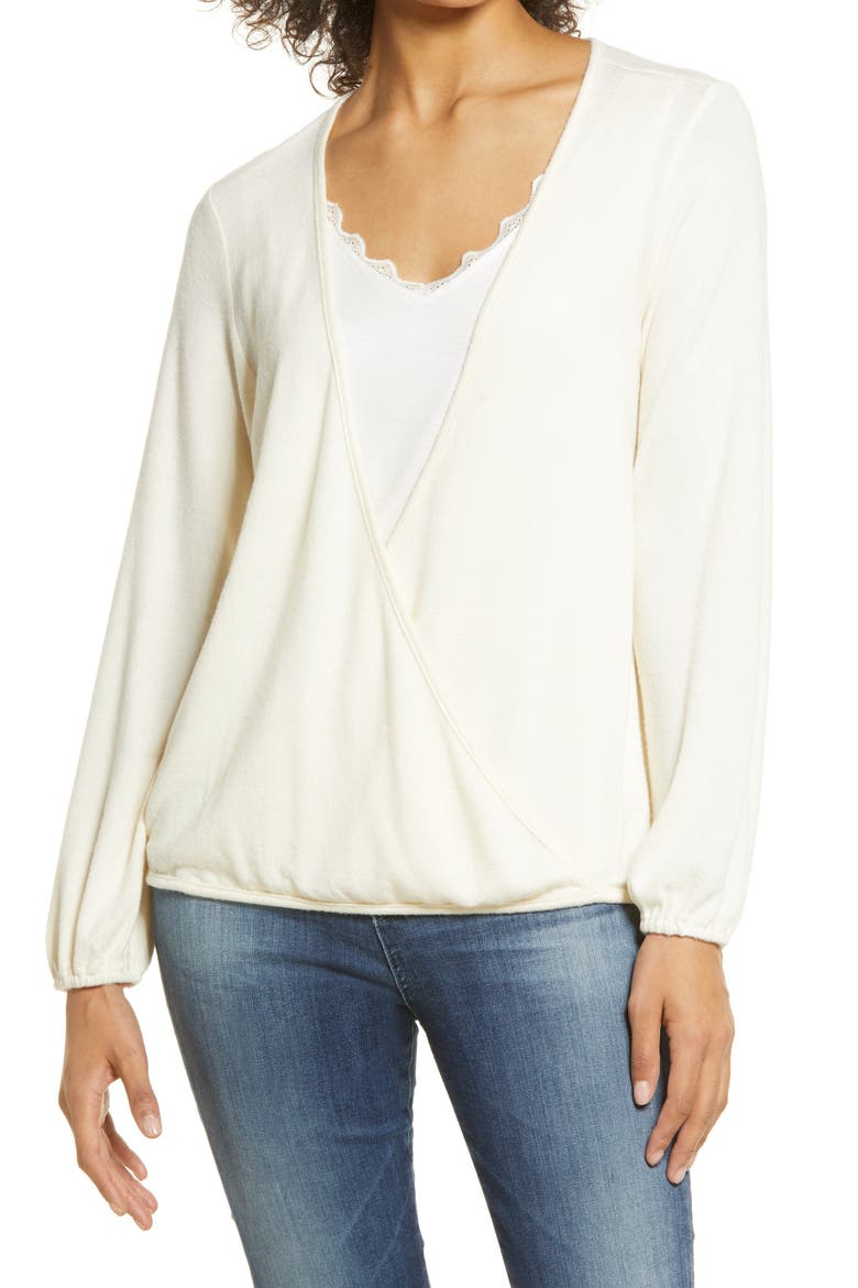 Wrap Front Lace Trim Long Sleeve Hacci Top, Main, color, WHISPER WHITE