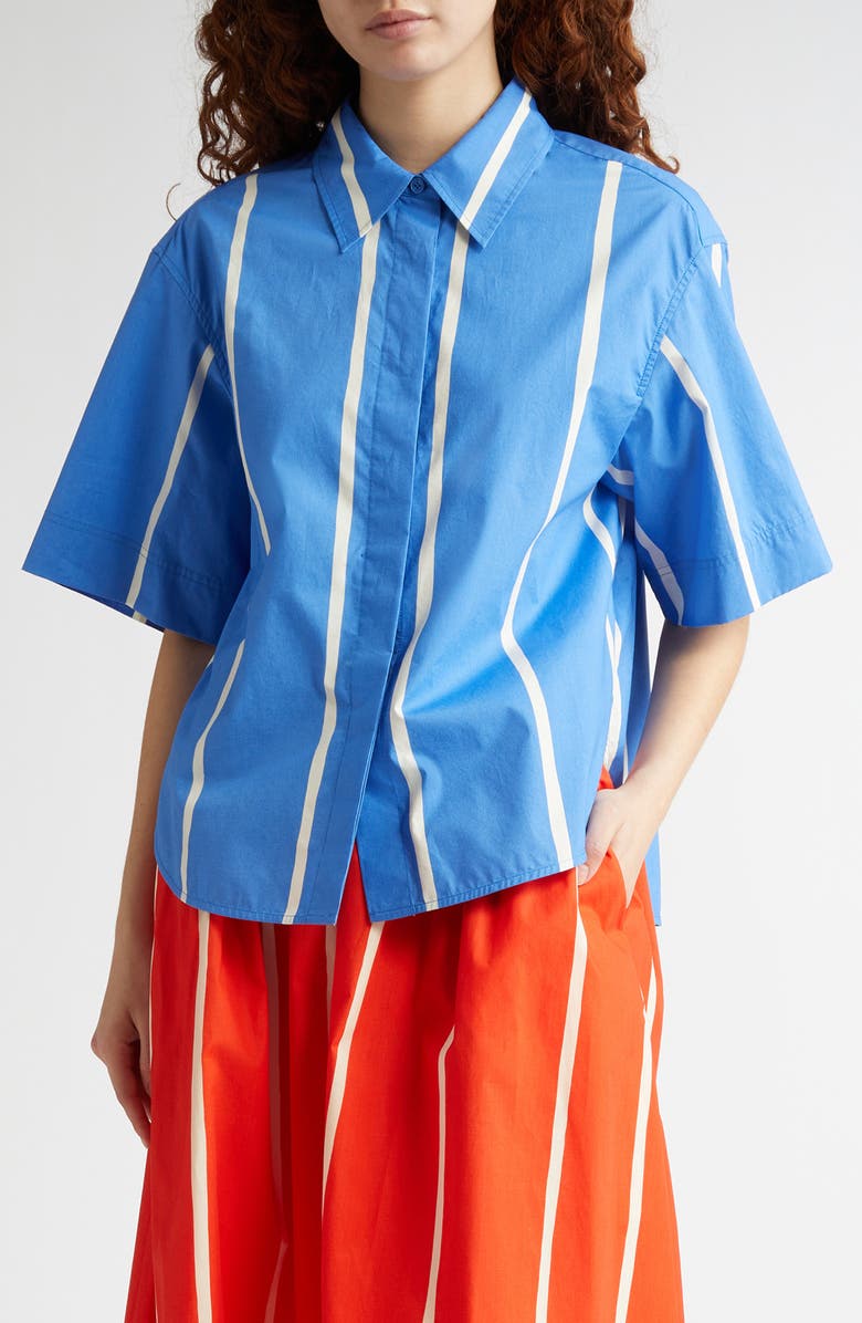 Marimekko Sinertävä Puhveli Stripe Organic Cotton Poplin Shirt, Main, color, 