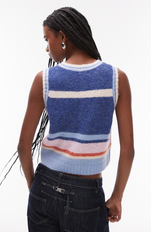 Shop Topshop Stripe Button-up Sweater Vest In Blue Multi