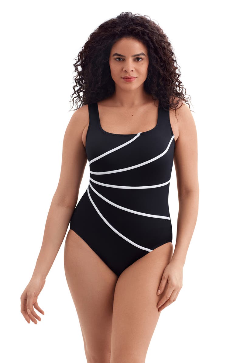 Longitude Fan Tank Long Torso Modern Leg One-Piece Swimsuit, Main, color, Black And White