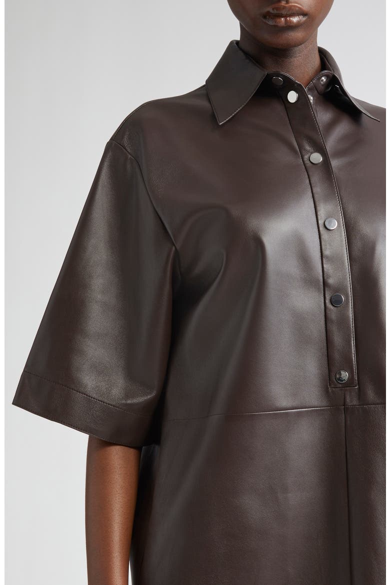 Elbow Sleeve Lambskin Leather Shirtdress, Alternate, color, CHOCOLATE