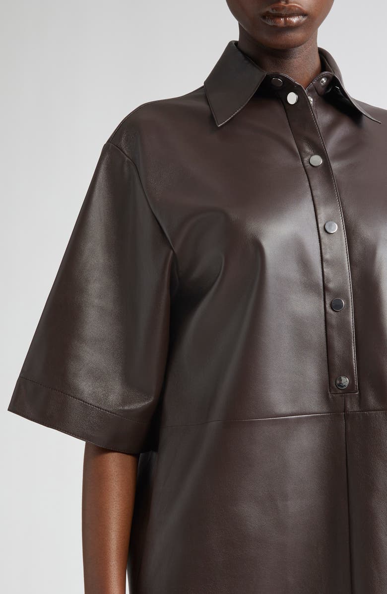 Michael Kors Collection Elbow Sleeve Lambskin Leather Shirtdress, Alternate, color, Chocolate