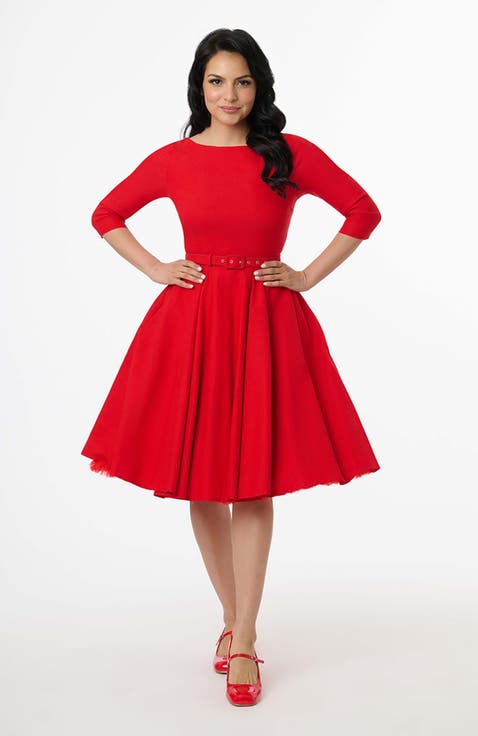 Three Quarter Sleeve Belted Devon Swing Dress