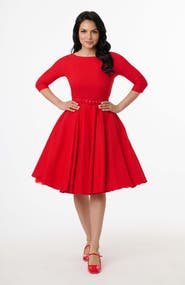 Unique Vintage Three Quarter Sleeve Belted Devon Swing Dress