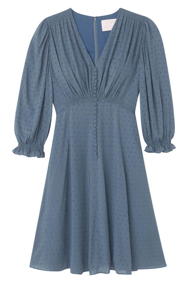 Andrea Smocked Shoulder Clip Dot Fit & Flare Dress, Alternate, color, RETRO BLUE