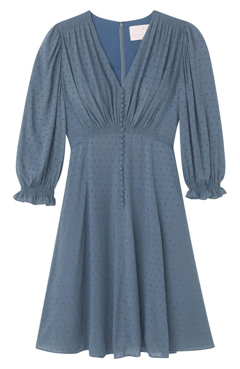 Gal Meets Glam Collection Andrea Smocked Shoulder Clip Dot Fit & Flare Dress, Alternate, color, Retro Blue