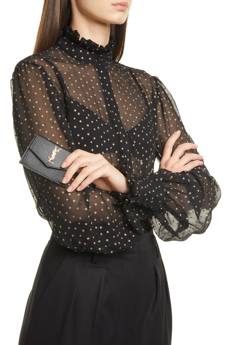 Saint Laurent Uptown Pebbled Leather Flap Card Case, Alternate, color,