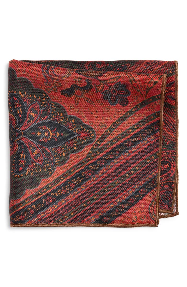 CLIFTON WILSON Rust Paisley Silk Pocket Square, Main, color, Rust