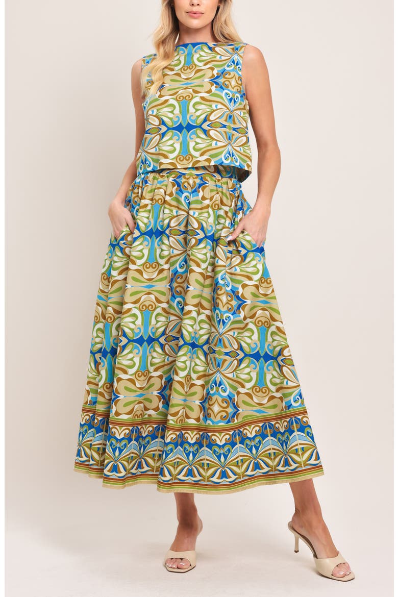 Printed Cotton Midi Skirt, Alternate, color, BLUE MULTI