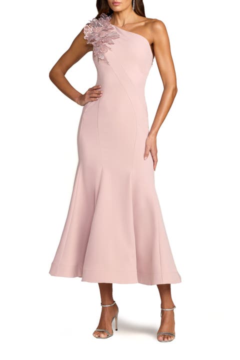 One Shoulder Crepe Trumpet Midi Dress