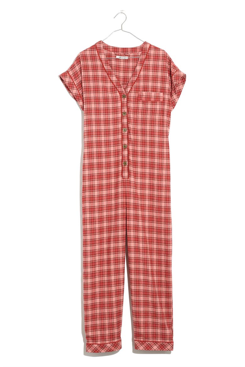 Nordway Plaid Flannel Bedtime Jumpsuit Pajamas, Alternate, color, DARK CINNABAR