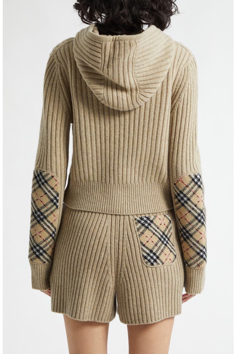 Phyllis Check Patch Hooded Rib Wool & Cashmere Sweater, Alternate, color, LIGHT BROWN MELANGE
