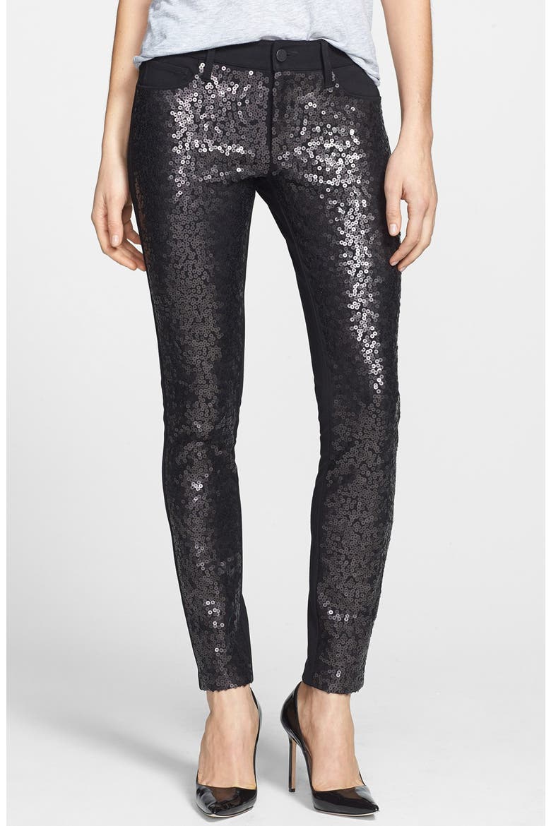Denim 'Emily' Skinny Sequin Front Pants, Main, color, BLACK SEQUINS