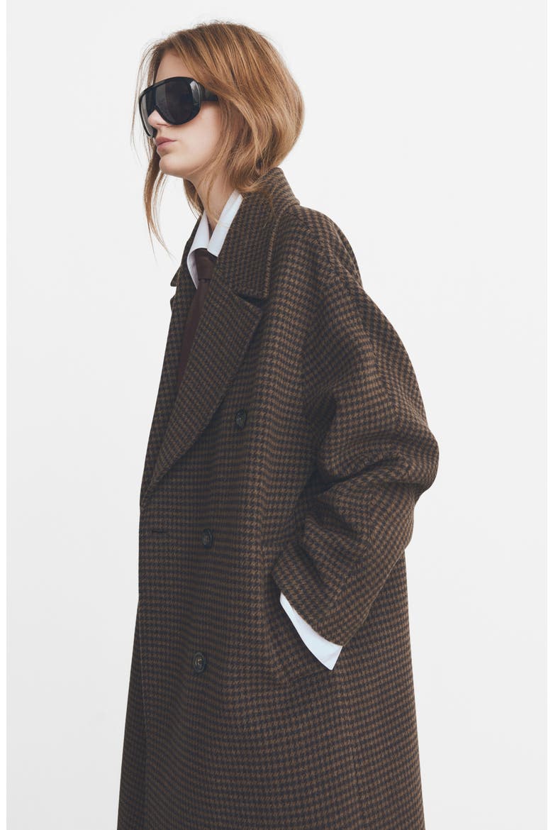 Micro Houndstooth Wool Blend Double Breasted Coat, Alternate, color, BROWN