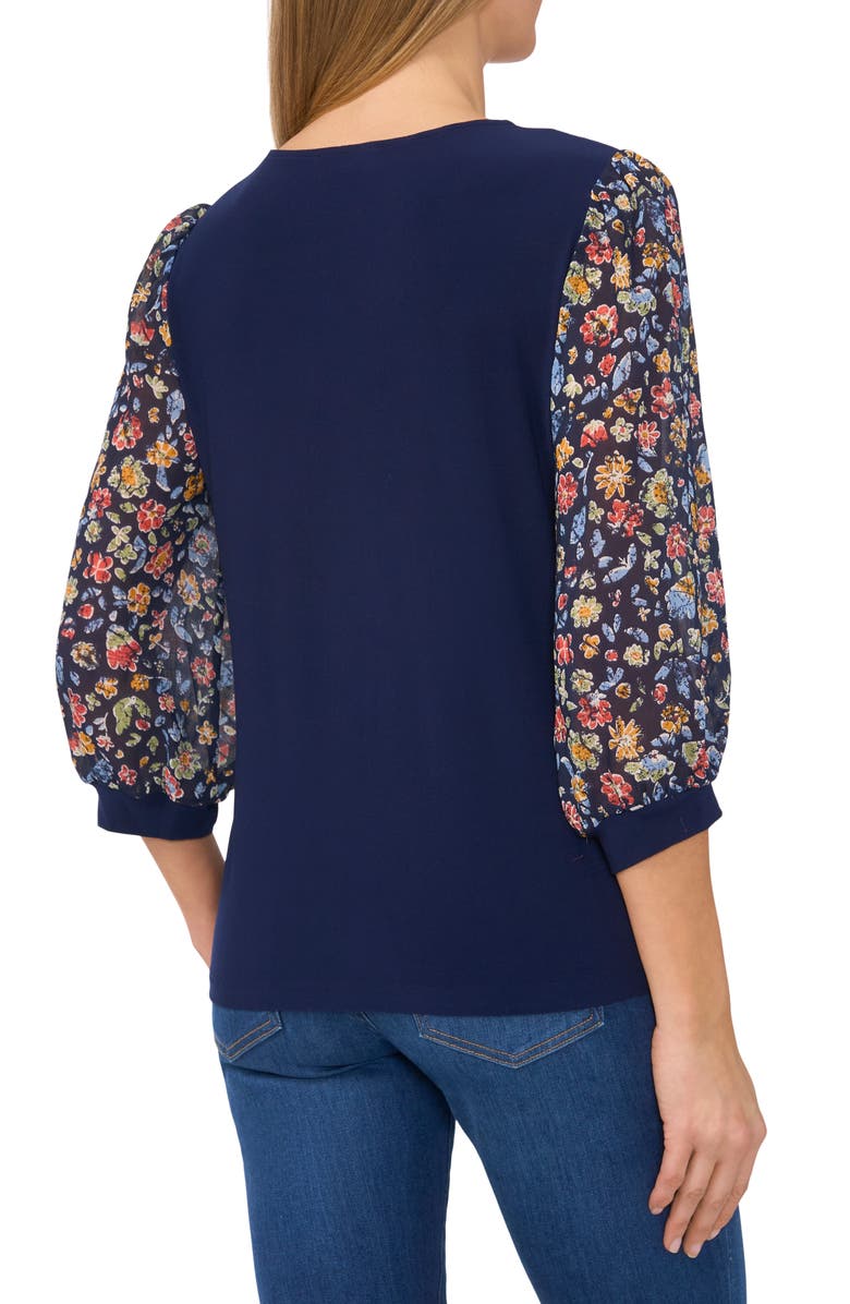 CeCe Floral Sleeve Mixed Media Crepe Top, Alternate, color, 