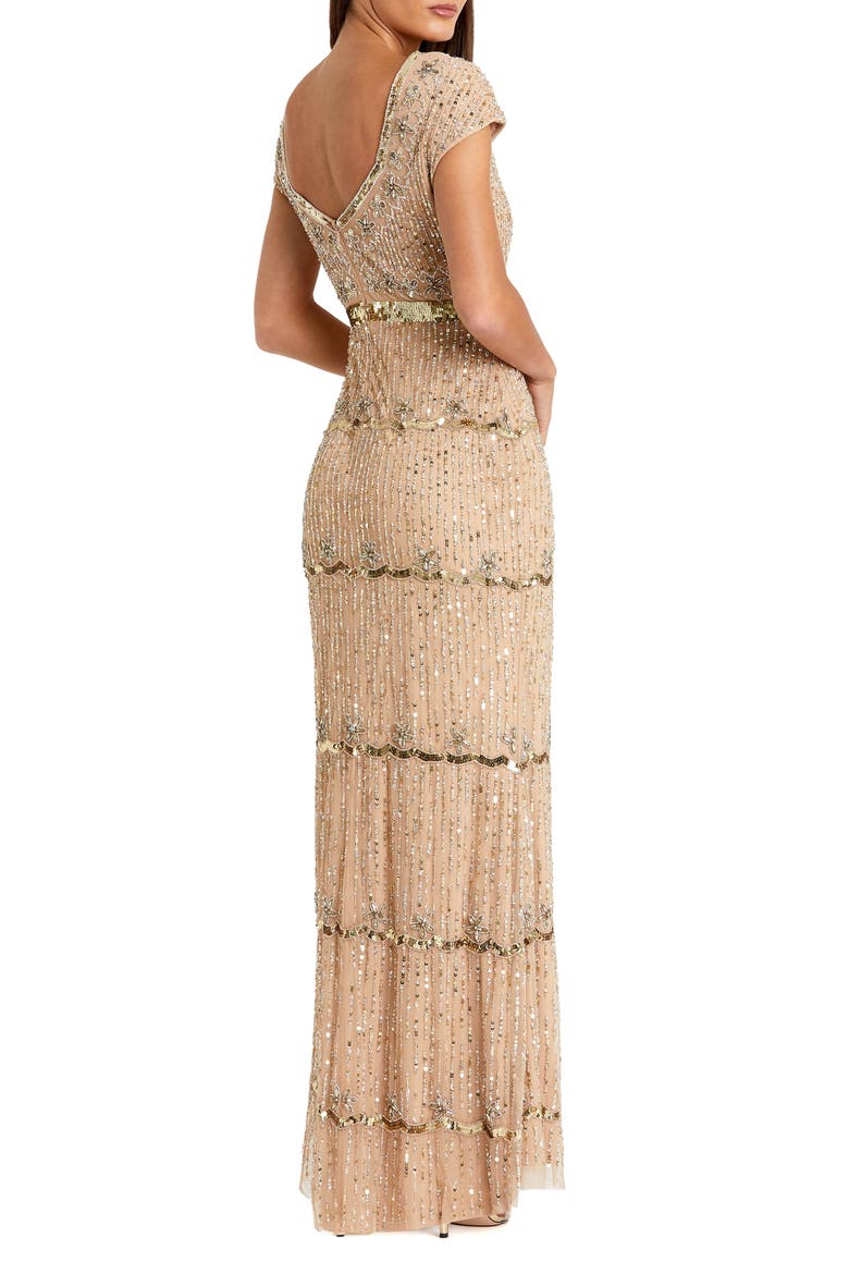 Petite Beaded Sweetheart Cap Sleeve Tiered Gown, Alternate, color, Nude