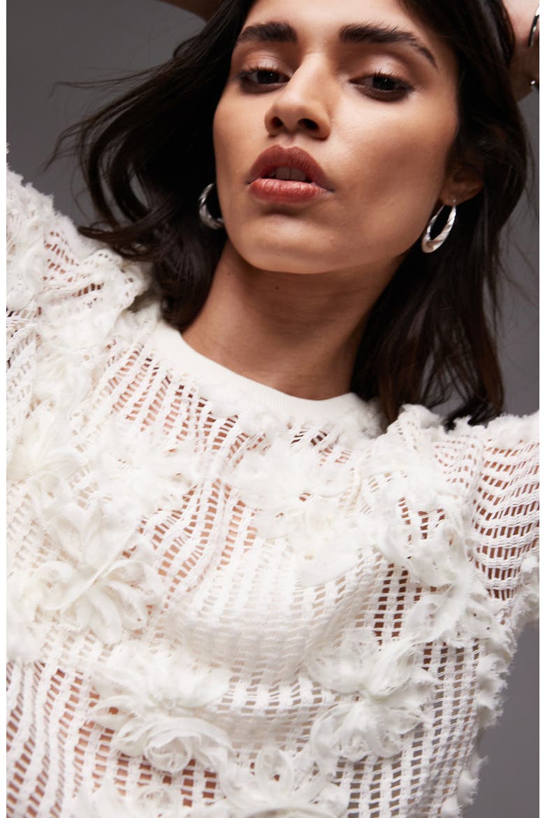 Floral Appliqué Sheer Open Stitch T-Shirt, Alternate, color, IVORY