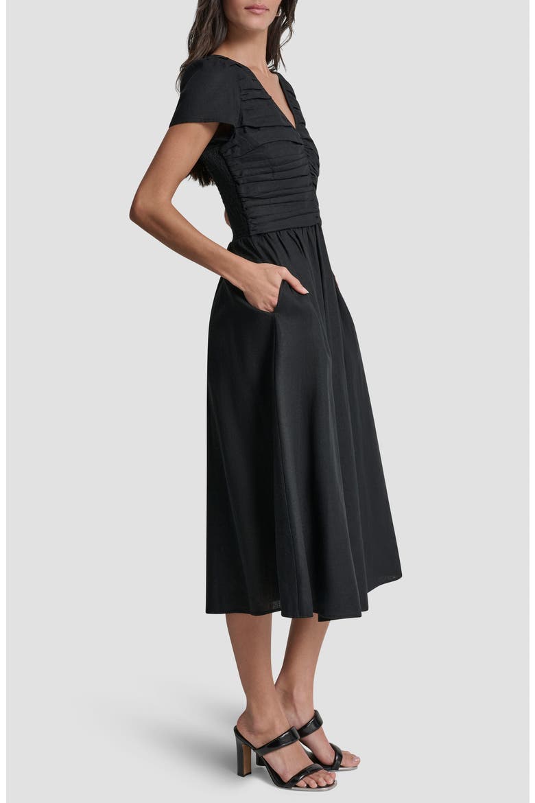 Ruched Bodice Linen Blend Midi Dress, Alternate, color, BLACK