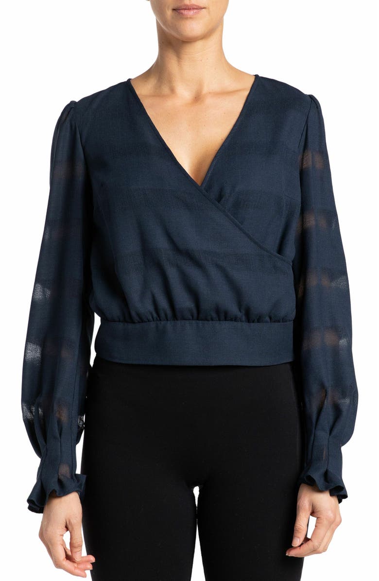 Santorelli ALDI Long Sleeve Faux Wrap Blouse in Striped Linen, Main, color, 