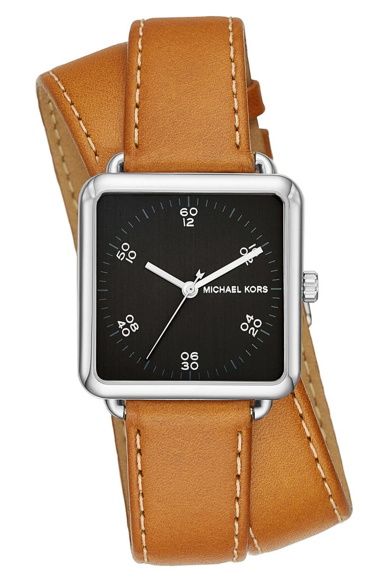 'Brenner' Square Leather Strap Watch, 31mm, Main, color, BROWN/ BLACK