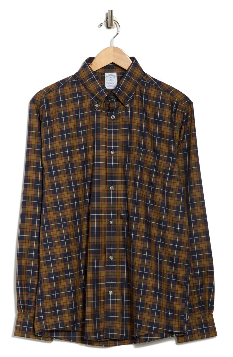 Brooks Brothers Non-Iron Regular Fit Cotton Button-Down Shirt, Alternate, color, Navy/ Olive Plaid