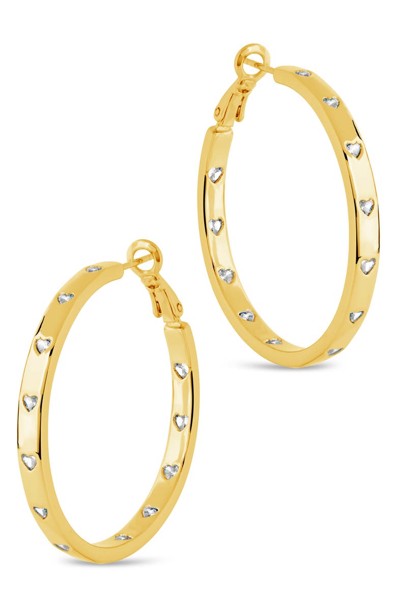 Sterling Forever Heart CZ Station Hoop Earrings, Alternate, color, Gold