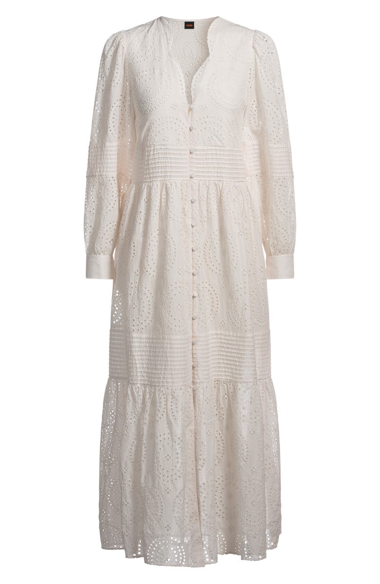 BOSS Orange Dabrody Long Sleeve Eyelet Midi Dress, Alternate, color, Open White